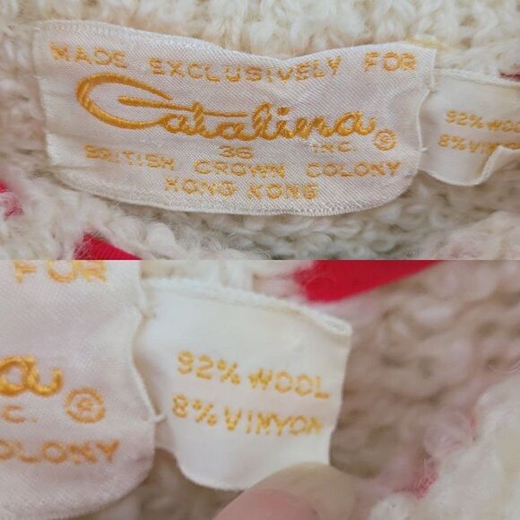 Vintage 60's Sweater Tunic Wool Knobby Knit Ivory Holiday GoGo Pink Ribbon S - Picture 3 of 12